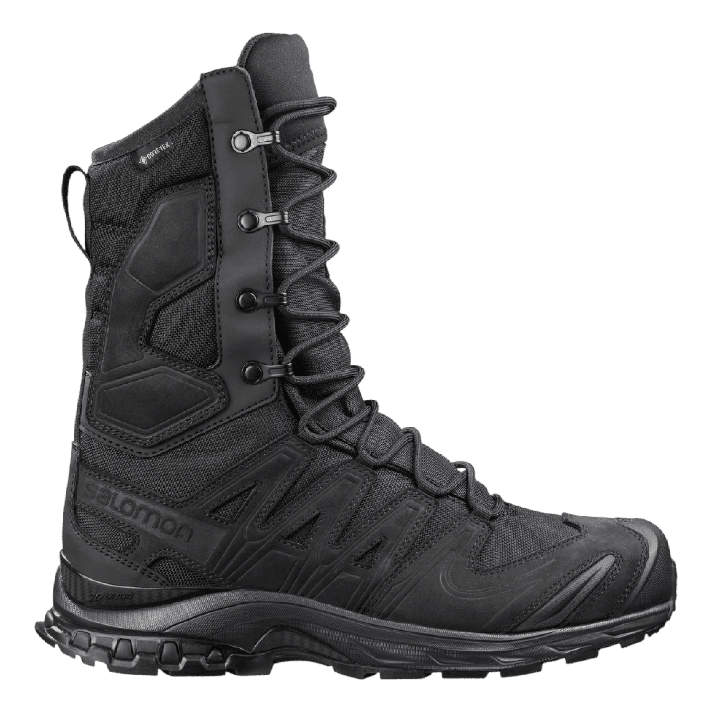 Bota táctica Salomon XA Forces 8 GTX Black vista lateral, caña alta e impermeable GORE-TEX para patrullaje