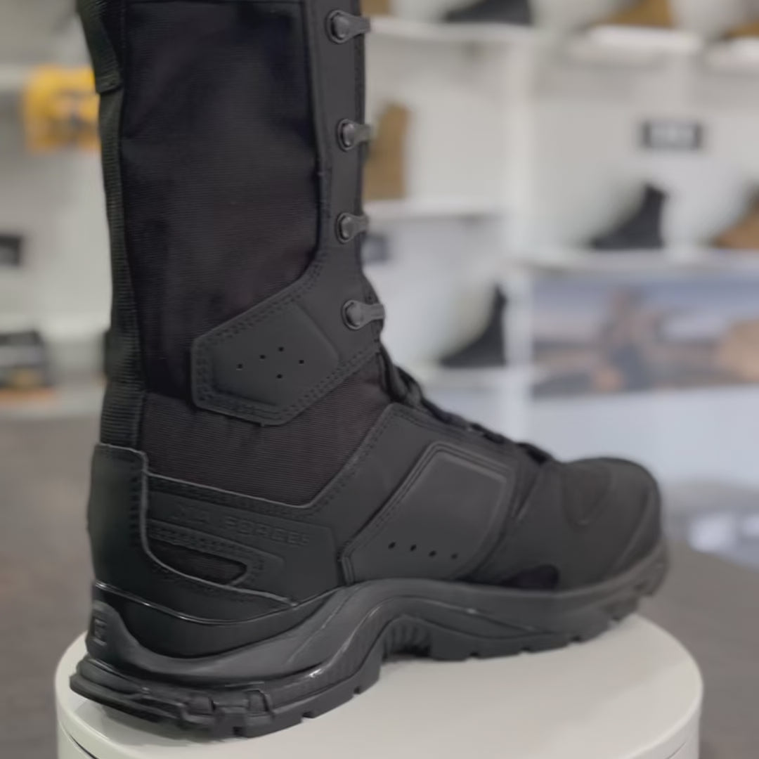 Botas tácticas Salomon XA Forces Jungle Black para clima húmedo y selva, con drenaje rápido y suela Contagrip para terreno irregular.